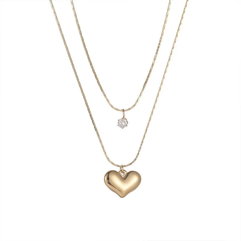DAIHE Retro Fashion 18k Gold Plated Double Layer Necklace Heart Charm Zircon Necklace