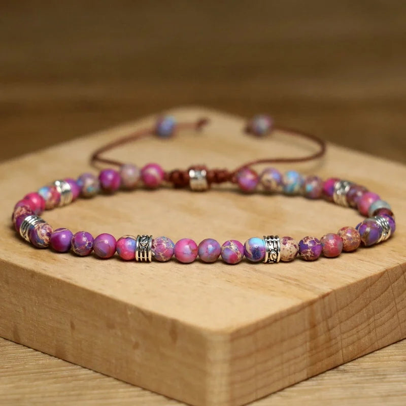 4mm Minimalist Natural Stone Bracelet Adjustable Healing Crystal Sea Sediment Jasper Beaded Bracelet Jewelry for Women Girls