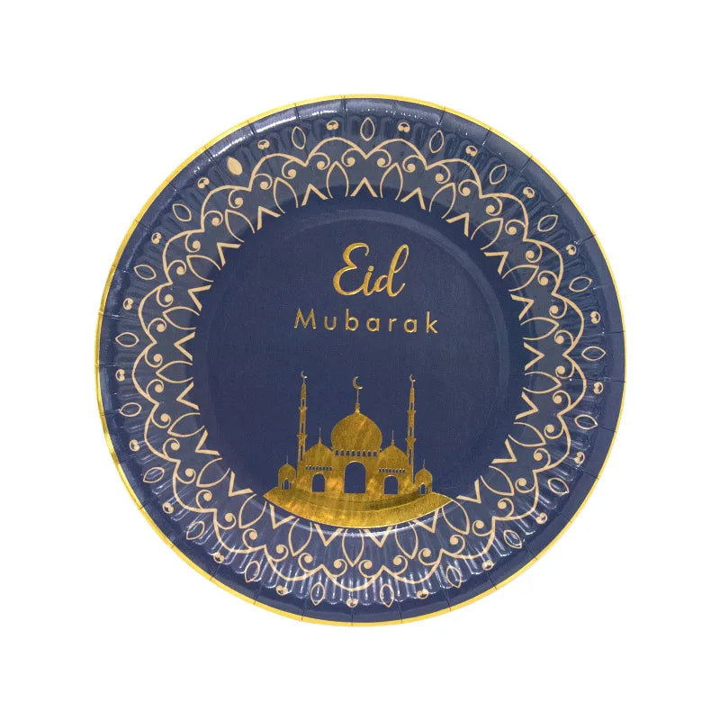 616222 7inch Islamic Blue Gold Offset Printed Disposable Paper Plate Eid Mubarak Ramadan Eid Decoration Party Supplies Wholesale