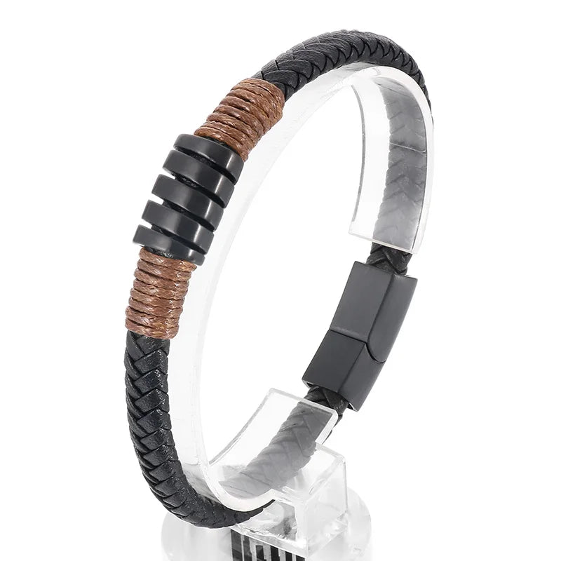 KALEN Men 210mm Retro Silver/Gold/Black Stainless Steel&Leather Bracelet With Brown Coil Charm