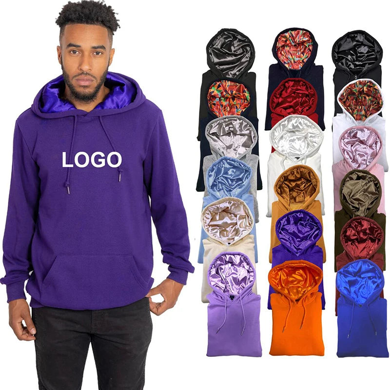 Luxury 100% Cotton Fleece Heavyweight Blank Men Sweatshirts Custom Logo Hoodies With Satin Silk Hood