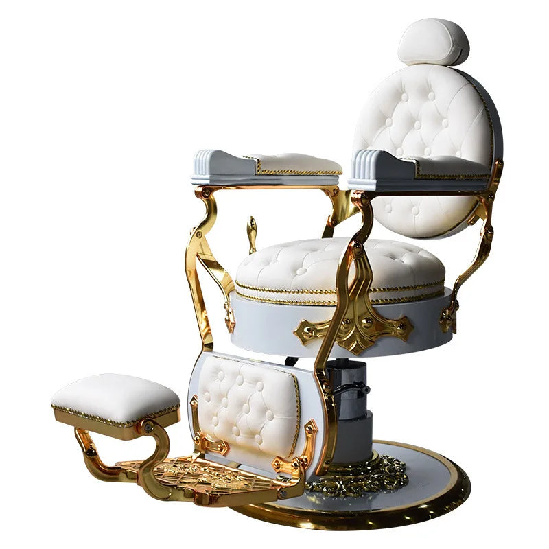 Luxury Gold White Vintage Barber Chair Hydraulic Reclining Hair Cutting Chair for Barbershop Salon Furniture