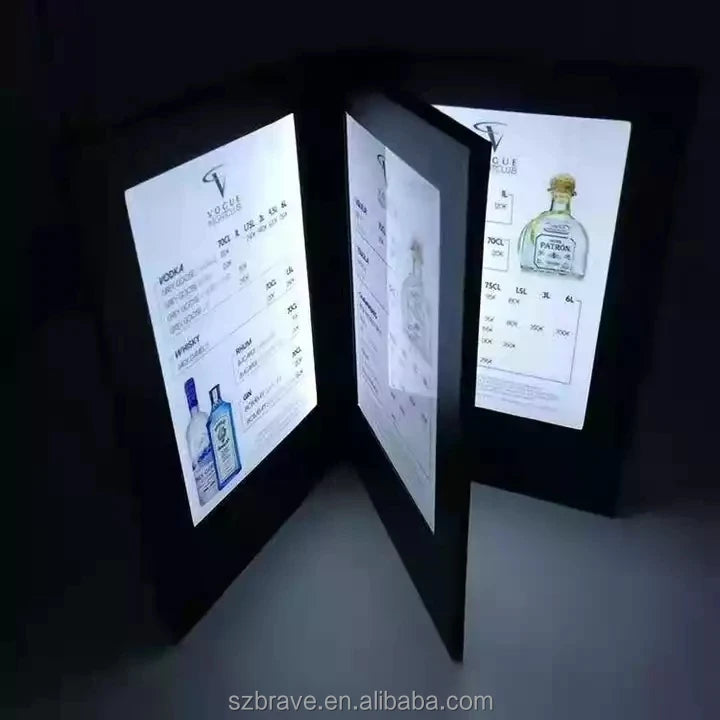 OEM Rechargeable Nightclub Restaurant Menu Backlit Light Box Sign Light up Leather Menu Cover Illuminated LED Backlit Menu Book