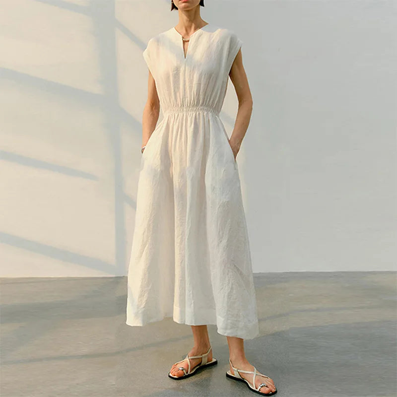 2025 New Arrival Elegant White Maxi Dress for Women Summer Cotton Linen Sleeveless Loose Casual Solid Lady's Elegant Dress