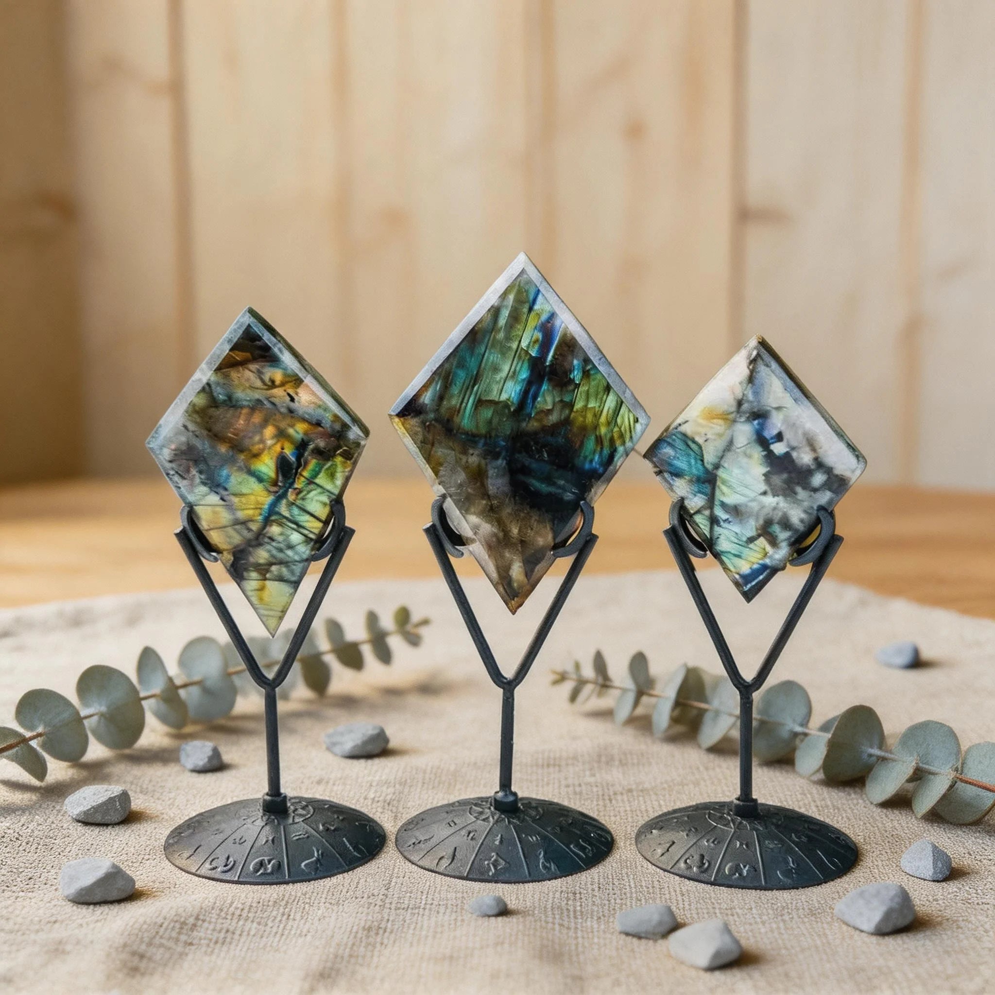 Wholesale Natural Crystal Labradorite Craft Polished Flat Crystal Healing Stones With Stand for Home Decoration