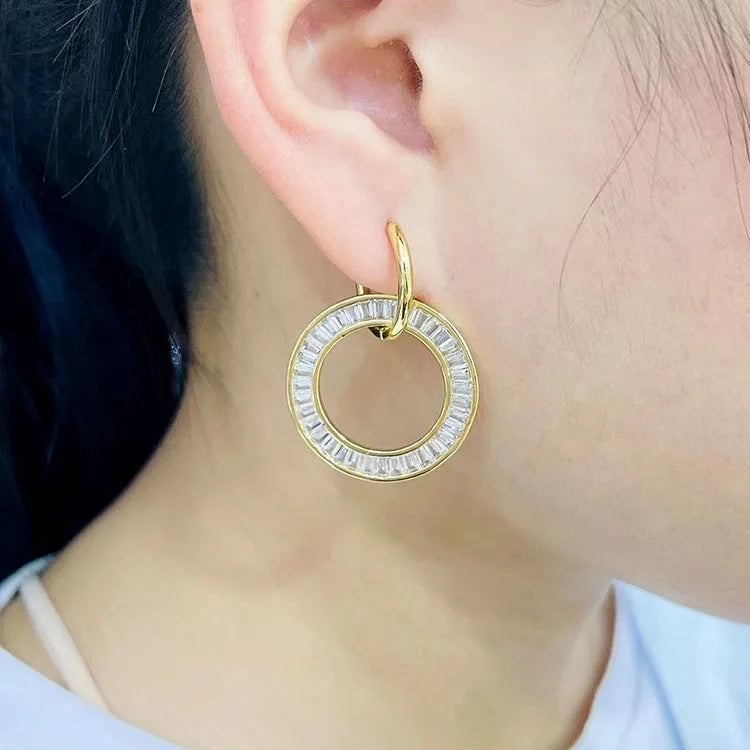 EC1796 2021 Womans Fashion Gold Plated Clear CZ Baguette Micro Pave Circle Donut Dangle Charm Huggies Hoop Earrings