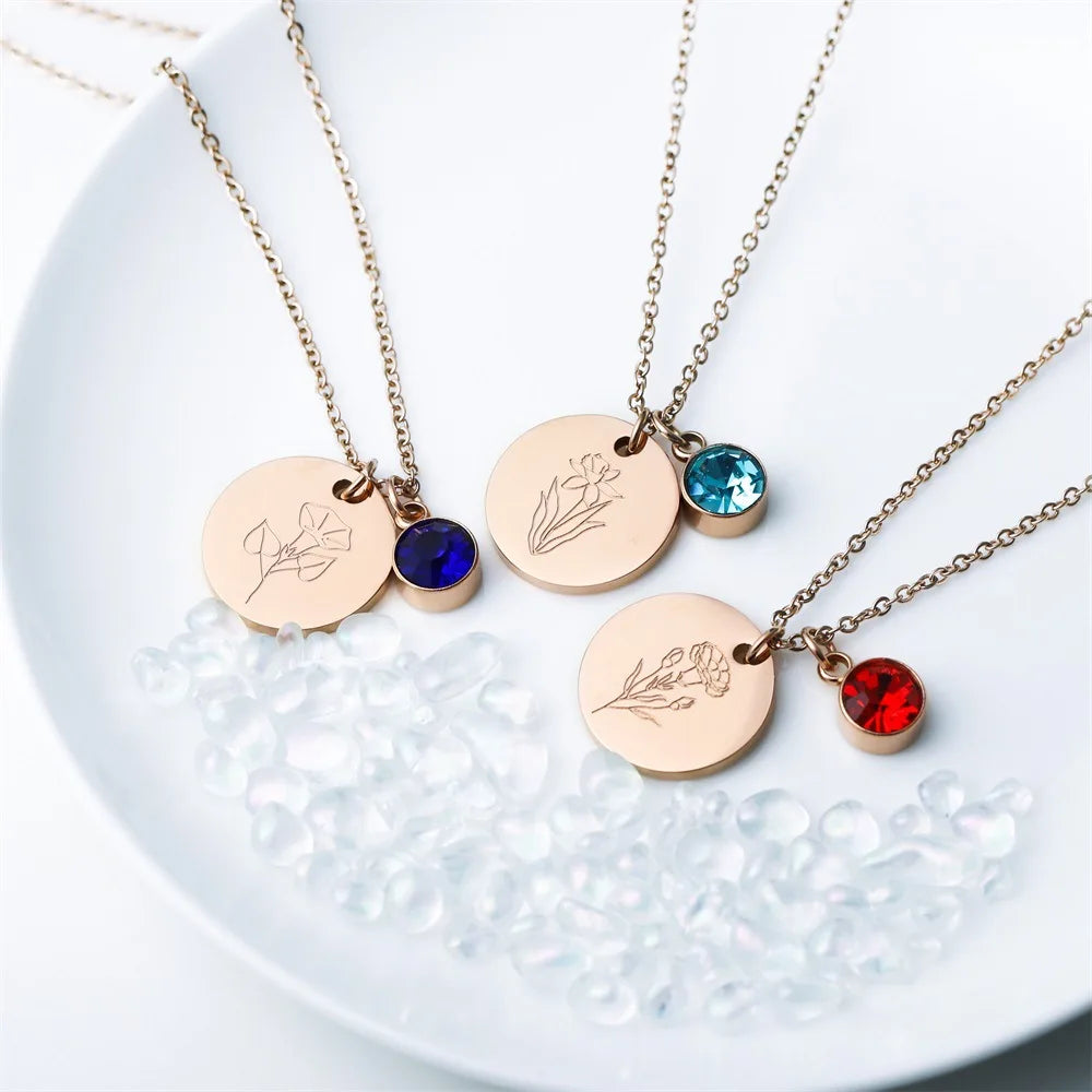 Wholesale Titanium Steel Birthday Stone Flower Necklace