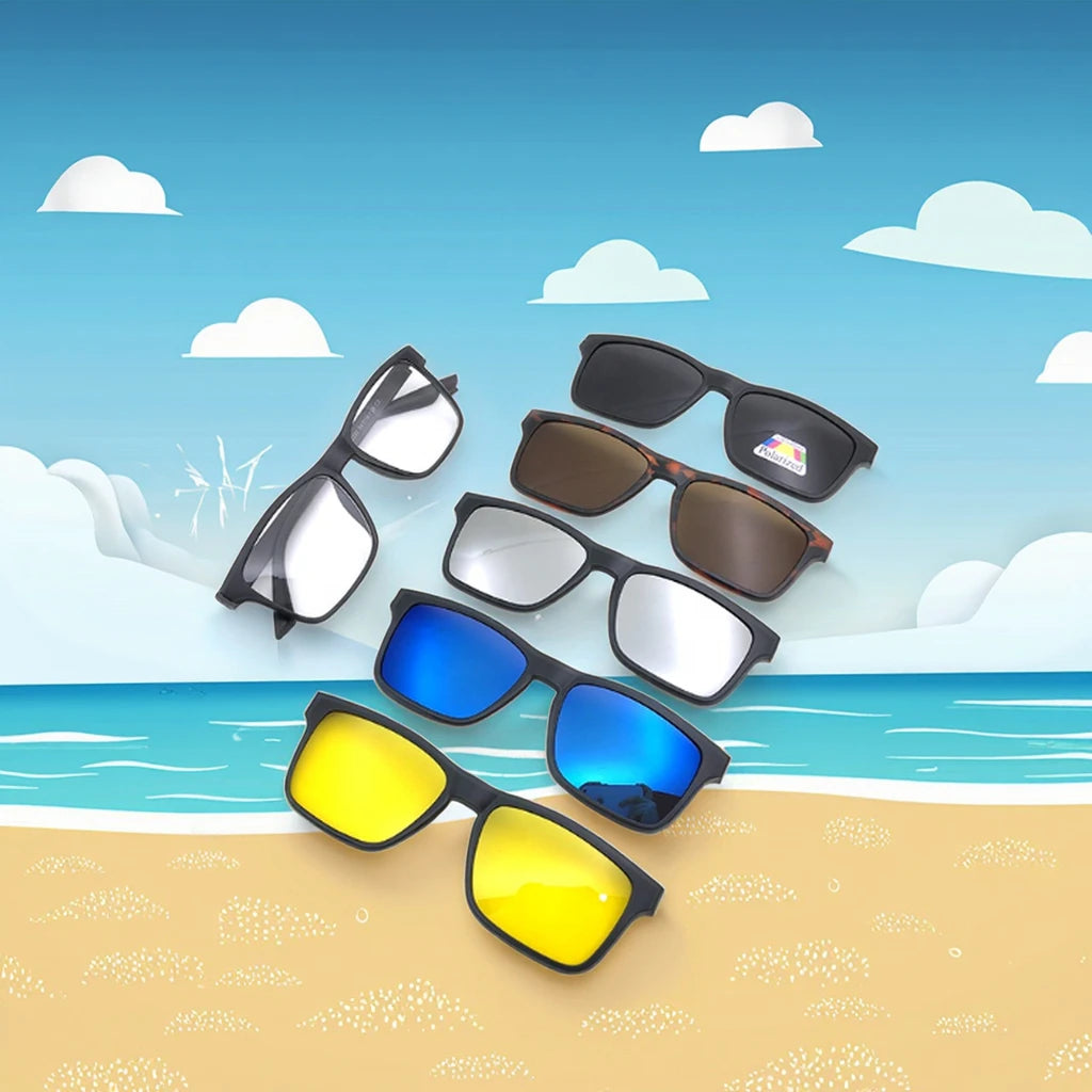 Hot Selling 5 in 1 Classic Style UV400 Polarized Sunglasses Yellow Lenses with Magnetic Clip on Yellow Print Shades Wholesale