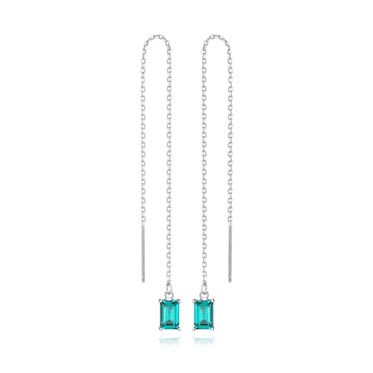Fine Jewelry 925 Sterling Silver Long Tassels Women Fashion Square Shape Gemstone Ear Line Drop Earrings