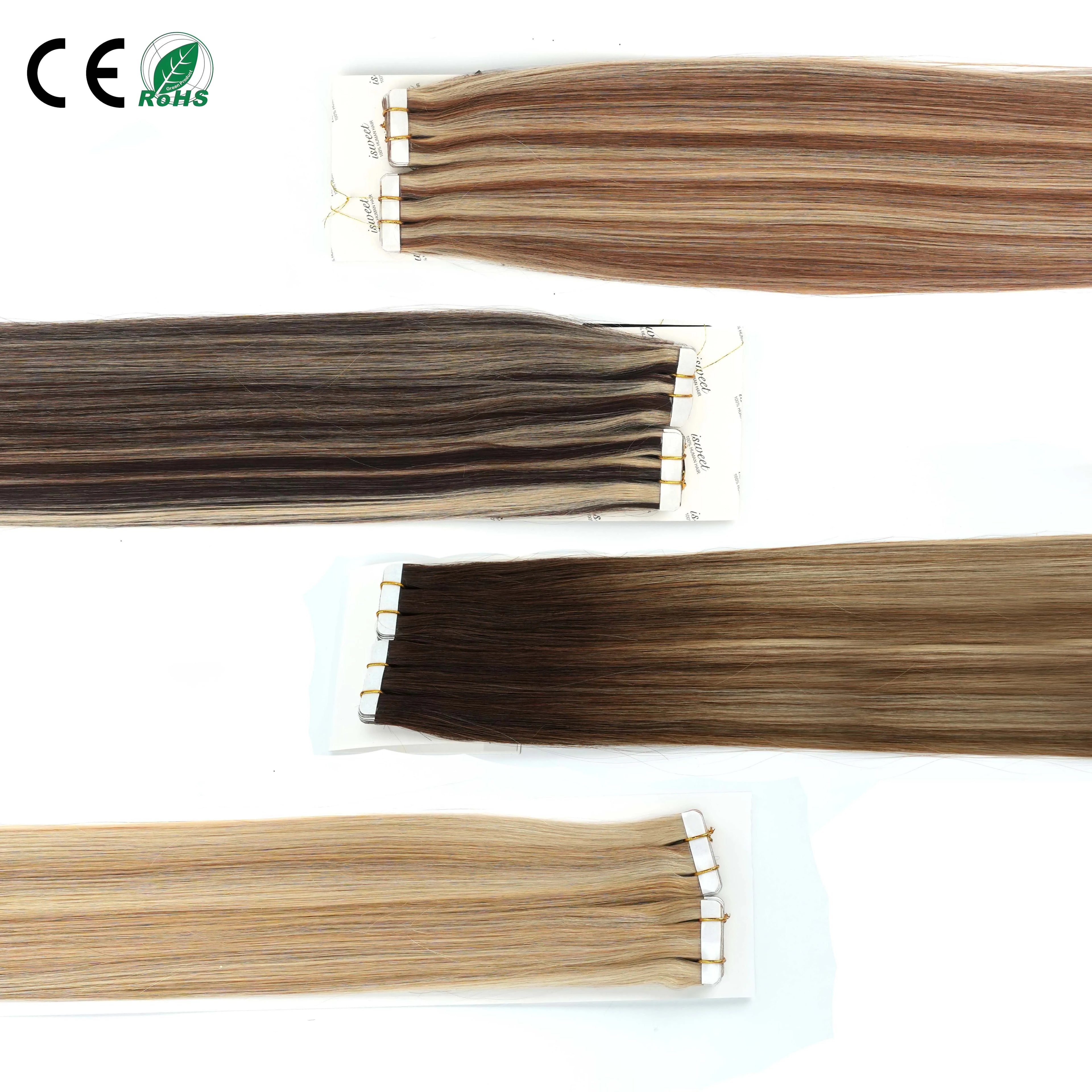 Russian Wholesale Natural Remy Human Double Drawn Tape-in Hair Extensions 100% Human Hair Light Color No Tangle No Shedding