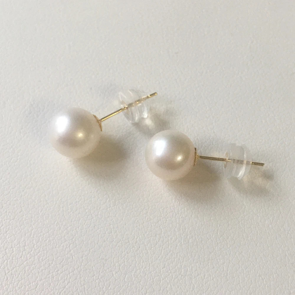 Real Solid 18k Gold Stud Earrings Freshwater Perfect Round Pearl Earrings-7.5-8 mm AAA High Luster Nature Pearl Au750 Gold