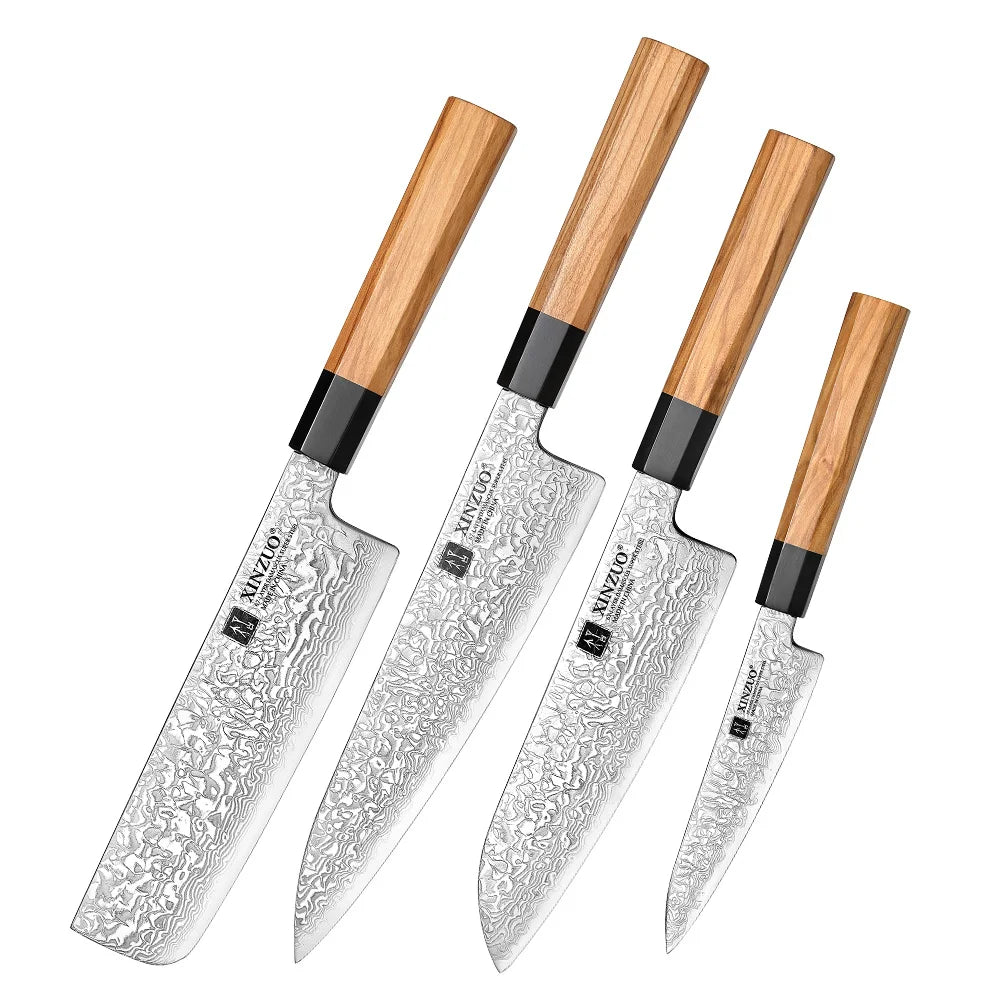 XINZUO High Quality Sharp Chef Knife Set Damascus Steel Olive Wood Handle Kitchen Knives