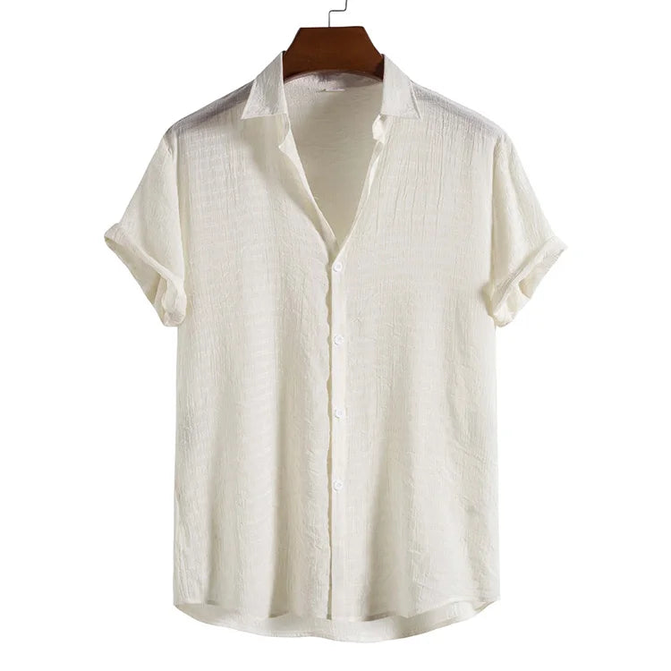 Summer Suitable Breathable Men's Solid Color Small Check Wrinkled Short-sleeved Shirts for Daily Normal Life