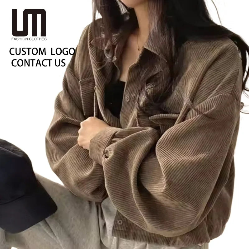 Liu Ming Oem Odm Vintage Korean Fashion Women Autumn Winter Corduroy Blouse Oversize Loose Pockets Shirts