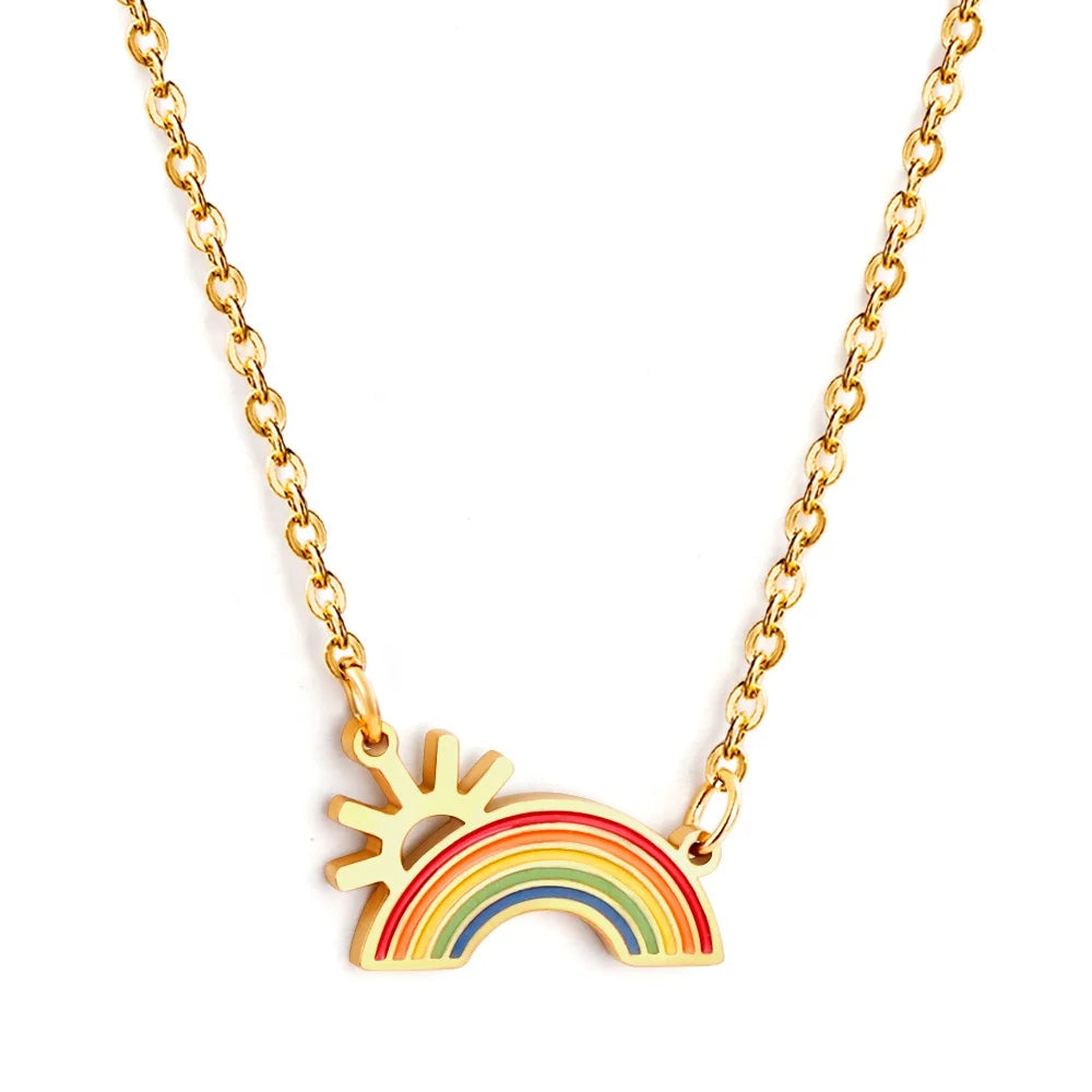 Fashion Accessories Gold Plated Stainless Steel Necklace Cute Cartoon Rainbow Necklace Custom Charm Jewelry Pendant Necklace