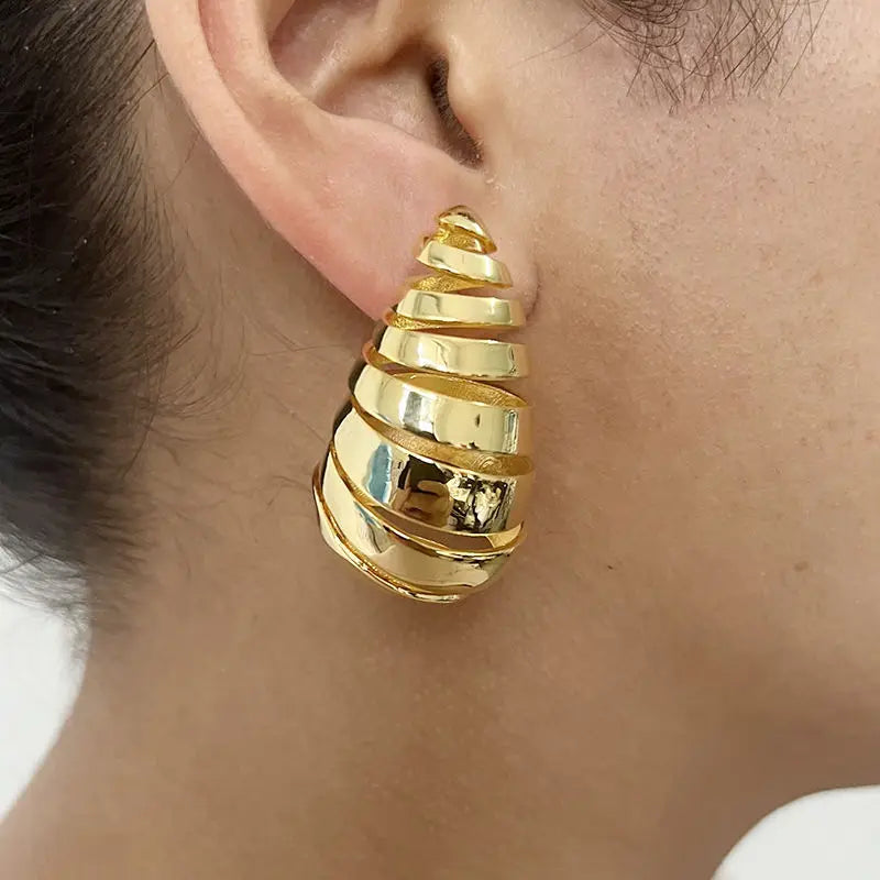 High-end New Arrival Fashion Jewelry Minimalist 4CM Big Size 18K Real Gold Plated Water Drop Earrings Hollow Spiral Chunky Earrings