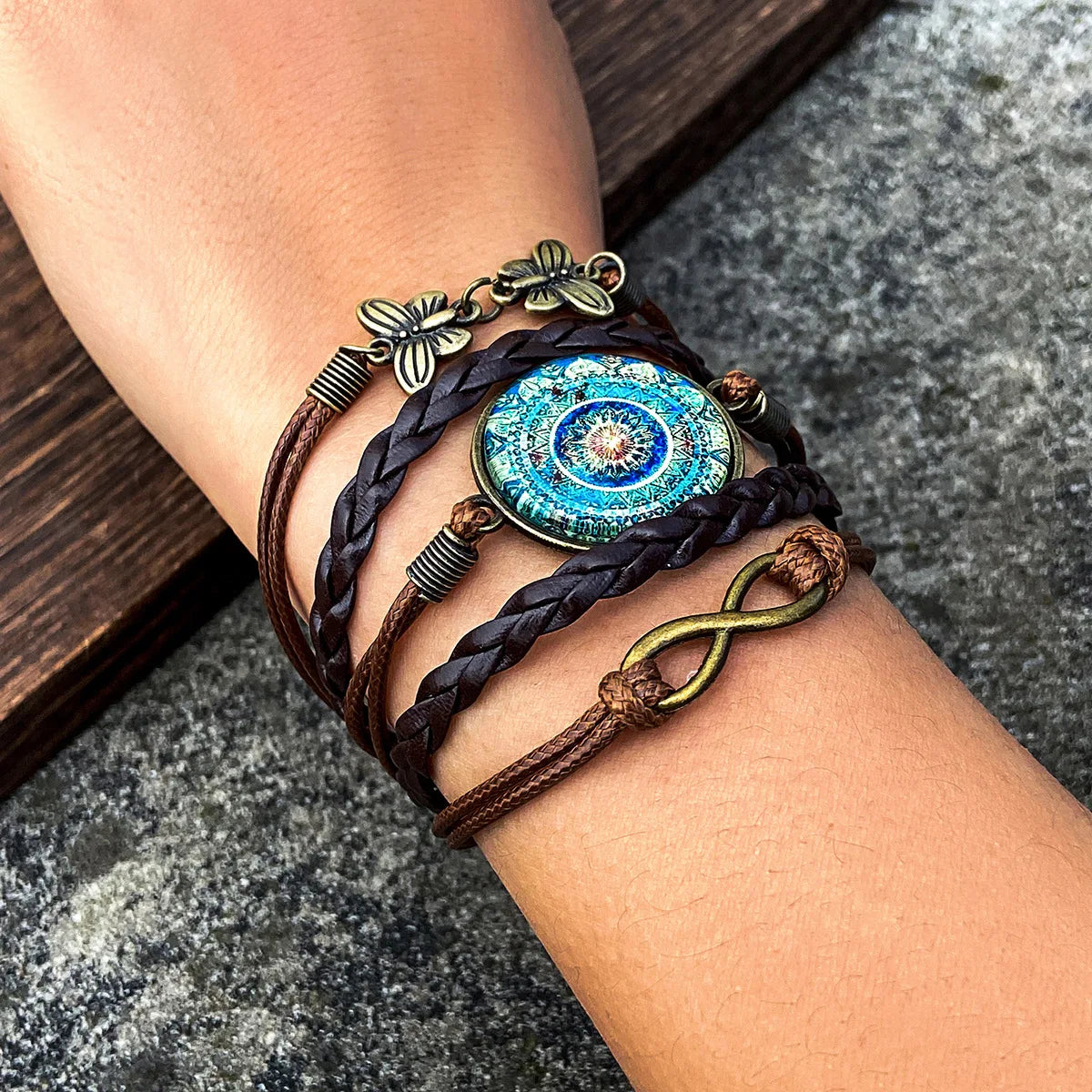 Retro Personalized Woven Pu Leather Rope Bracelet Simple Couple Beaded Turquoise butterfly Multi-layer Winding Bracelet