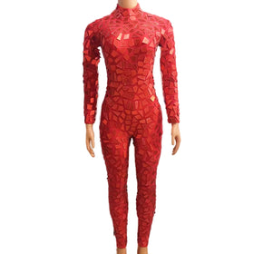 Sexy Red Mirror Sequin Bodysuits Show Wear Club Pole Dance Leotard Plus Size Bodycon Romper Women Party One Piece Jumpsuits
