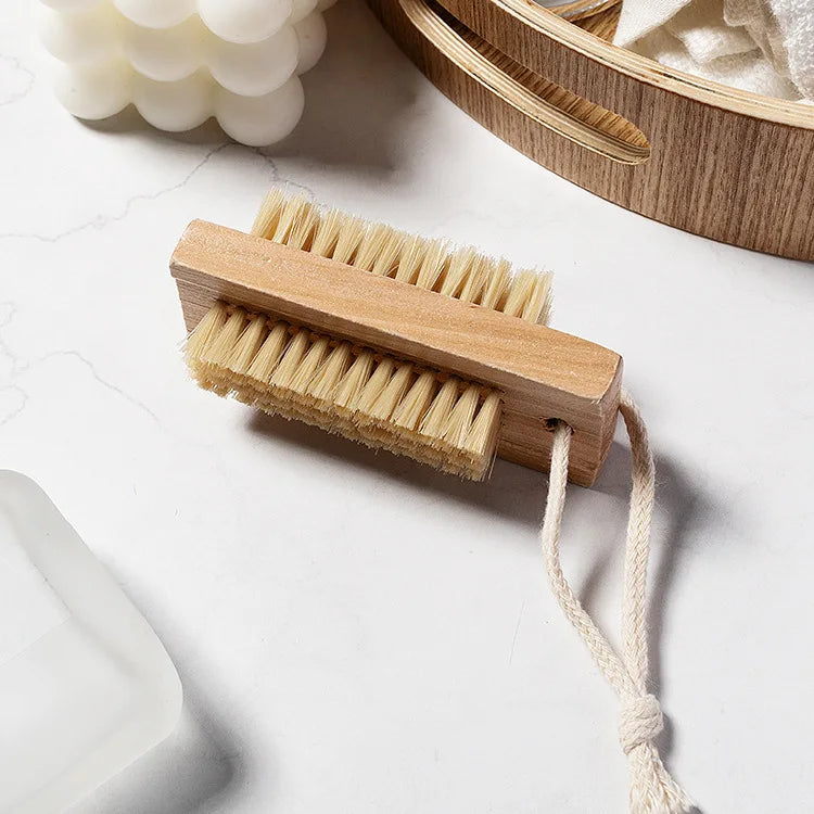 French Style Double-Sided Nail Brush Sisal Bamboo Bristles No-Slip Wood Handle Hand Scrub Brush for Cleaning Finger Nails Toes