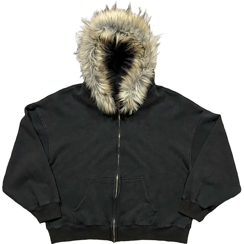 OEM Manufacturers Custom Hoodie French Terry Fur Hood Hoody Zip up Hoodie Jacket for Men
