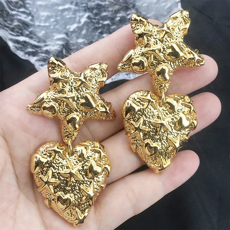 2023 New Arrival Wholesale Fashion Jewelry Irregular Folds Retro Palace Earrings Girl Star 18k Gold Drop Star Heart Earrings
