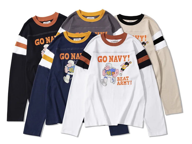 Men's Casual 100% Cotton Knitted T-Shirt Spring Autumn Cartoon Long Sleeved Baseball Tee Carton Printing 280 Grams Weight