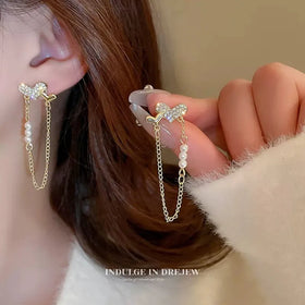 Hypoallergenic Needle Heart Long Chain Pearl Tassel Hanging Drop Earrings for Women Dangle Pendants Earring