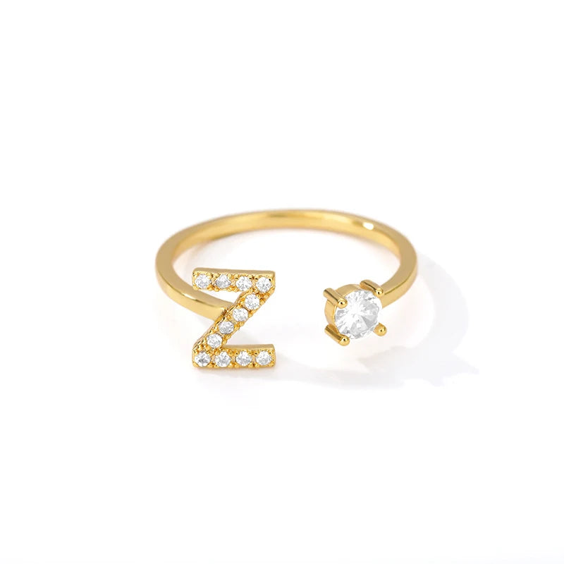 Latest Fashionable 18k Gold Women Engagement Jewelry Cz Diamond a to Z Initial Letters Adjustable Wedding Ring for Girl