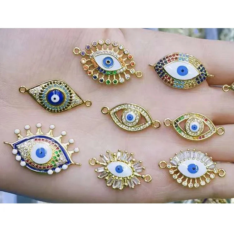 Brass Real Gold Plated Enamel Micro Pave CZ Blue Eyes Angel Girl Charms Connector for Necklace Making