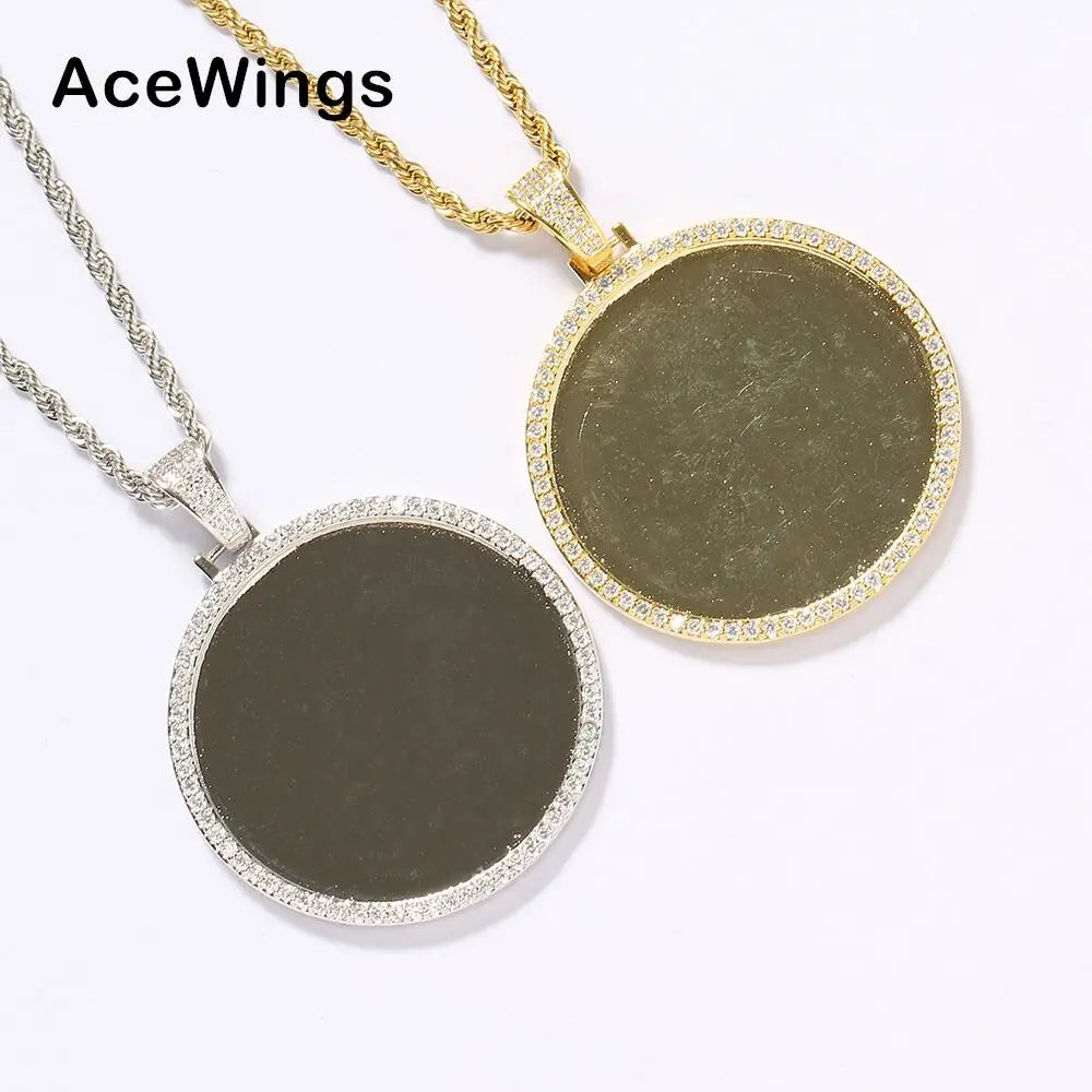 PP01 Large Round Photo Pendant With Rope Chain Brass Micro Pave With CZ Stones Necklace Jewelry for Men and Women