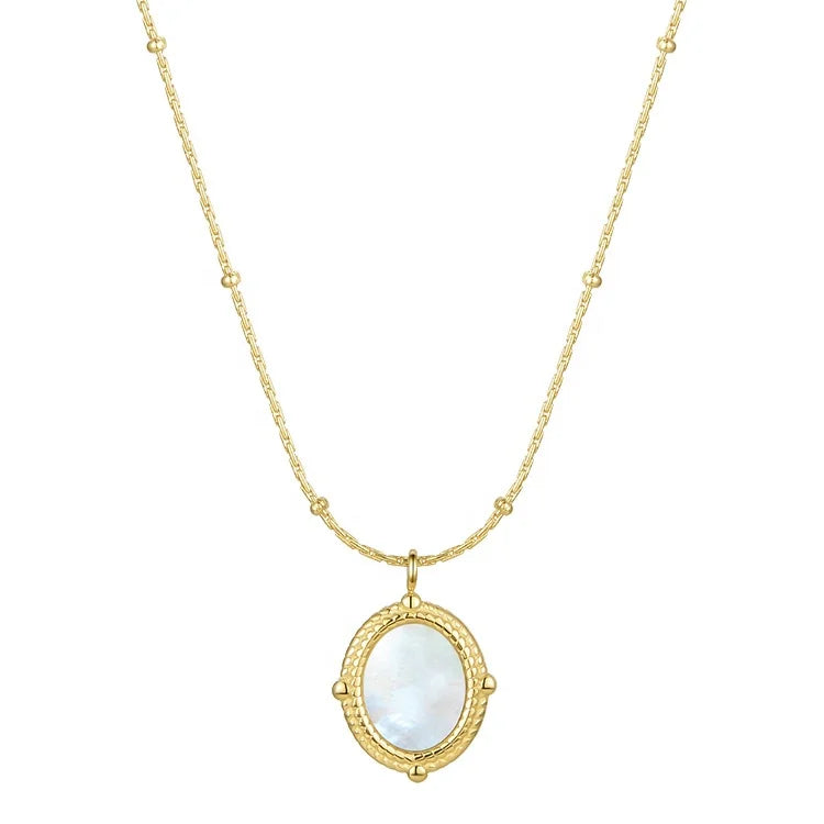 Fashion Wholesale 14K Gold Plated Stainless Steel Jewelry Thin Chain Oval Mother Shell Pendant Necklaces P203127