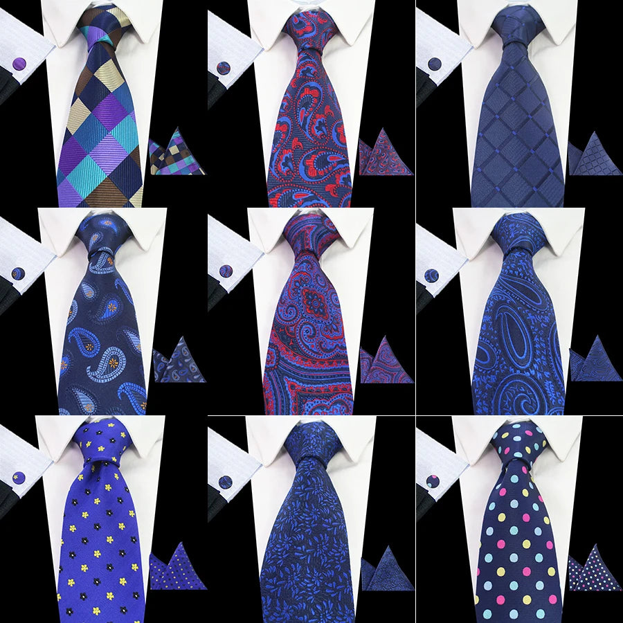 3-in-1 Set Mens Plaid Jacquard Ties Classic Necktie With Handkerchief Cufflinks Set 8cm Formal Business Necktie