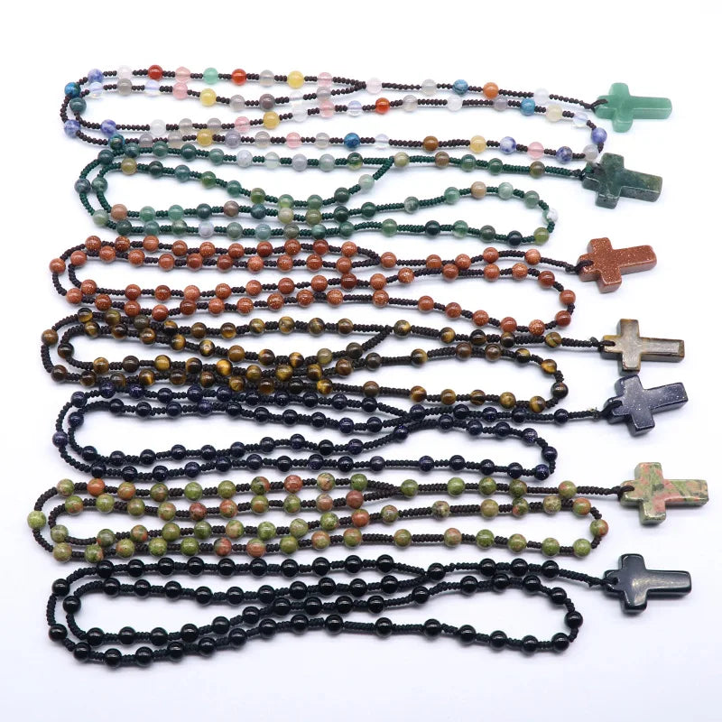 Natural Stone Bead Quartz Crytal Necklace Woman Jesus Christianity Meditation Yoga Mala Bead Cross Pendant Necklace for Men