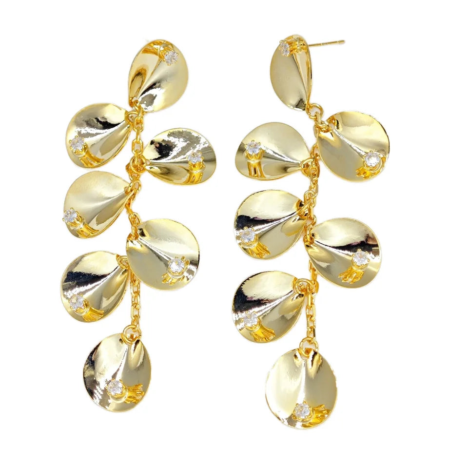 Ilona Wholesale Leaf Petal Tassel Drop Earrings Gold Plated Copper CZ Floral Statement Studs Wedding & Summer Party Jewelry