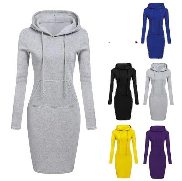 Fashion Plain Pockets Pullover Casual Hoodies Women Long Sleeve Hoodies Dress