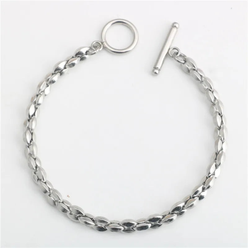 Chic Stainless Steel Bracelet Silver Color Plain Chain Wrist Adornment Toggle Clasp Coffee Bean Chain Pig Nose Link Bracelet