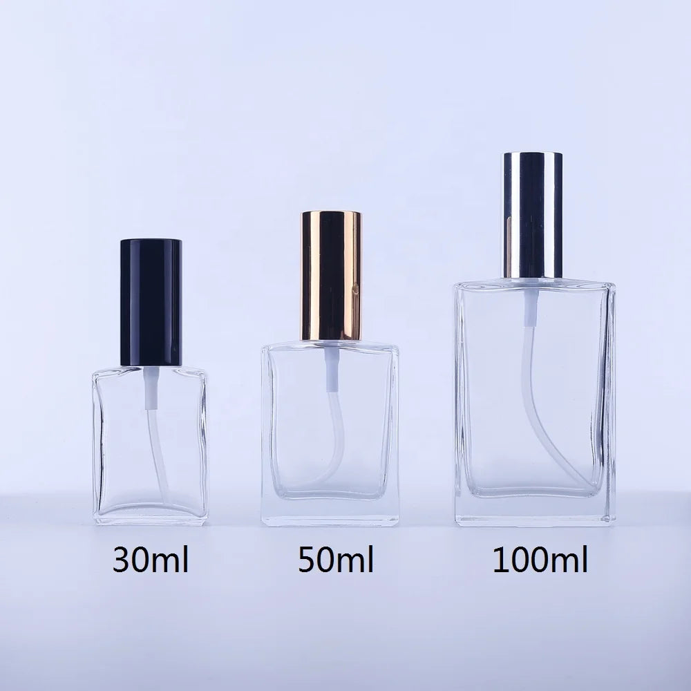 30ml 50ml 100ml Flat Square Rectangle Luxury Glass Spray Bottles with Silver Gold Sprayer Pump for Perfume & Body Care Lotion