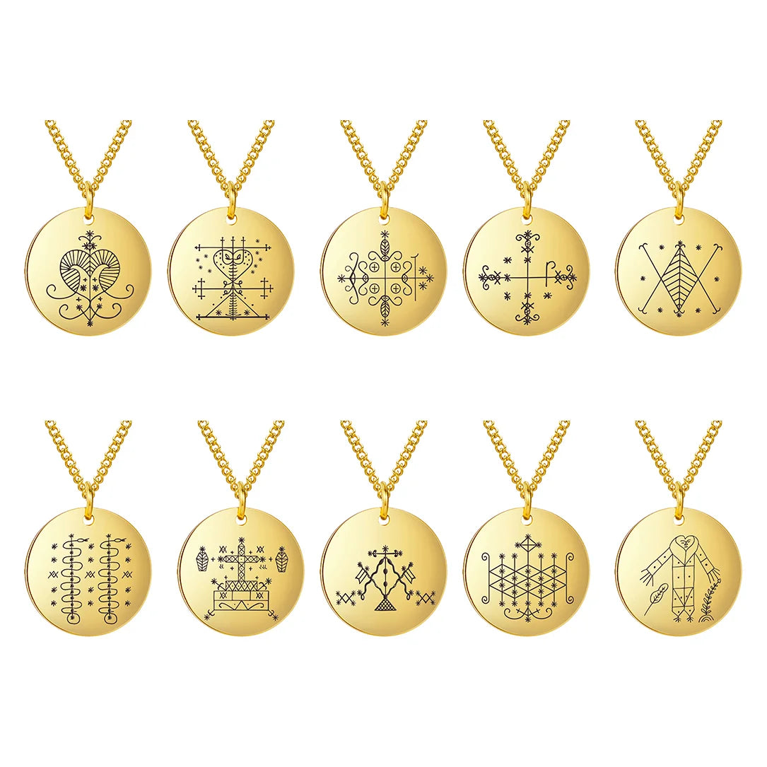 Voodoo Veve Papa Legba Amulet Stainless Steel Custom Logo Pattern Disc Pendant Hip Hop Men Golden Hoodoo Talisman Necklace