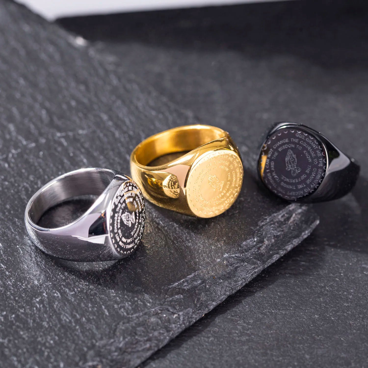 Non Tarnish Bible Verse Prayer Hand Ring Custom Men 18K Gold Plated Stainless Steel Praying Hands Signet Ring