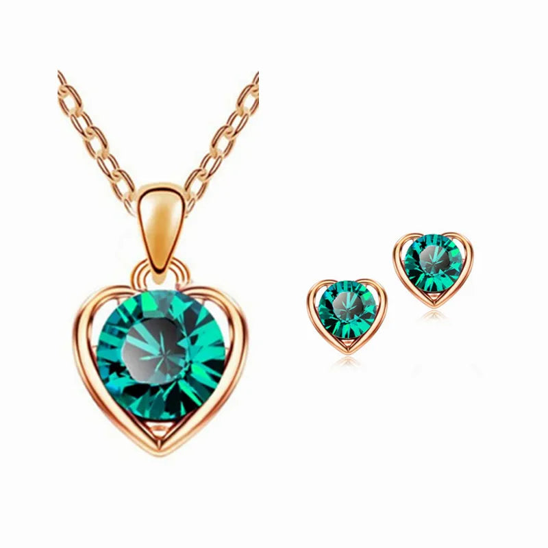 FanYue Fashion Jewelry Jewelry Sets Earrings Necklace Heart love Crystal Multicolor Heart Charm Necklace