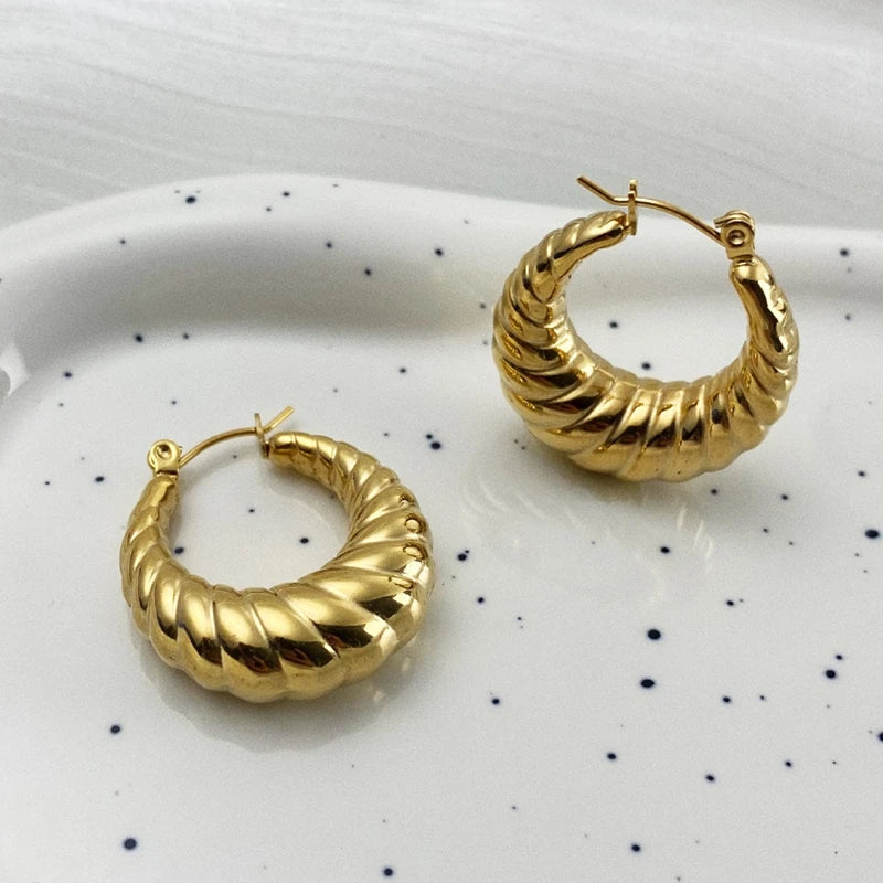 Wholesale 18K Gold Plated Stainless Steel Jewelry Twisted Croissant Dome Hoop Earrings Non Tarnish Free Waterproof Gold Earrings