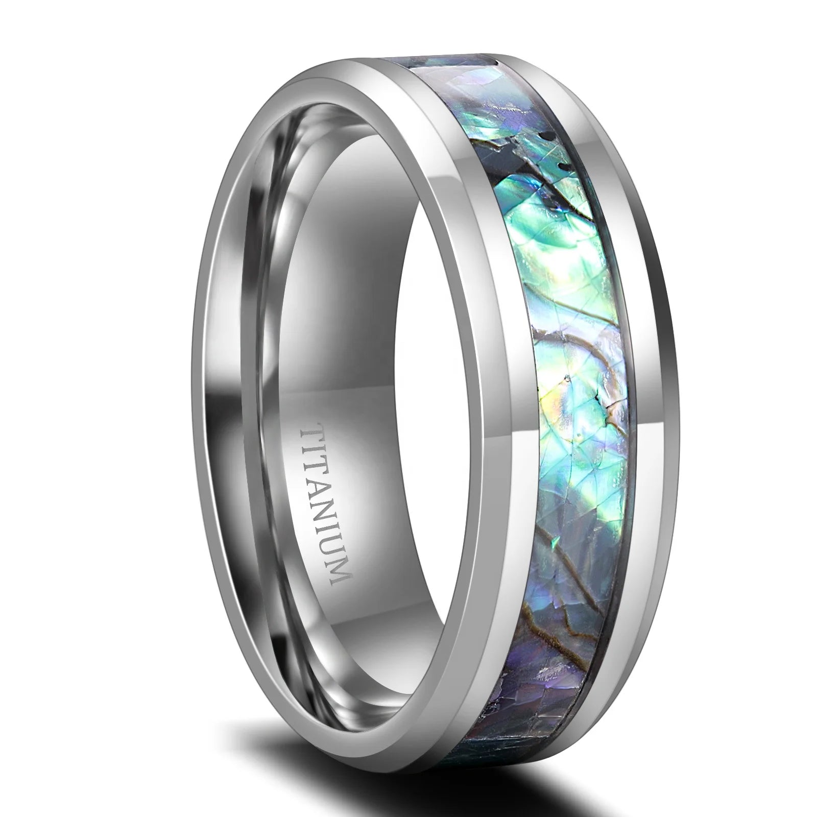 OAHLAN Fashion Jewelry Rings Luxury 8mm High Polished Wedding Band Abalone Shell Silver/Black Titanium Rings for Men
