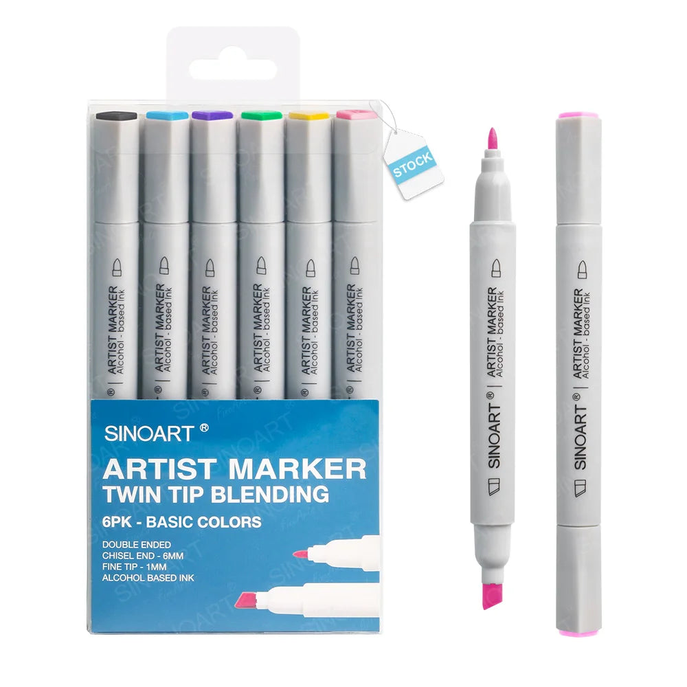 SINOART in STOCK 6 Artist Loft Artist Markers Set Twin BASIC Series Alcohol-base Ink Markers for PET Box