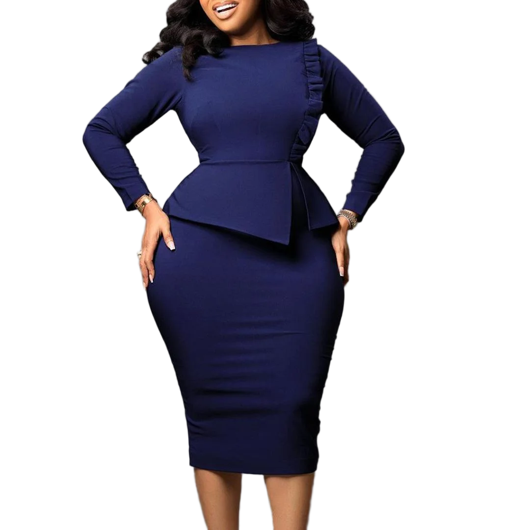 S-3XL Slim Pencil Skirt African Plus Size Fashionable Hip Hugging Dress Round Neck Long Sleeved Dress