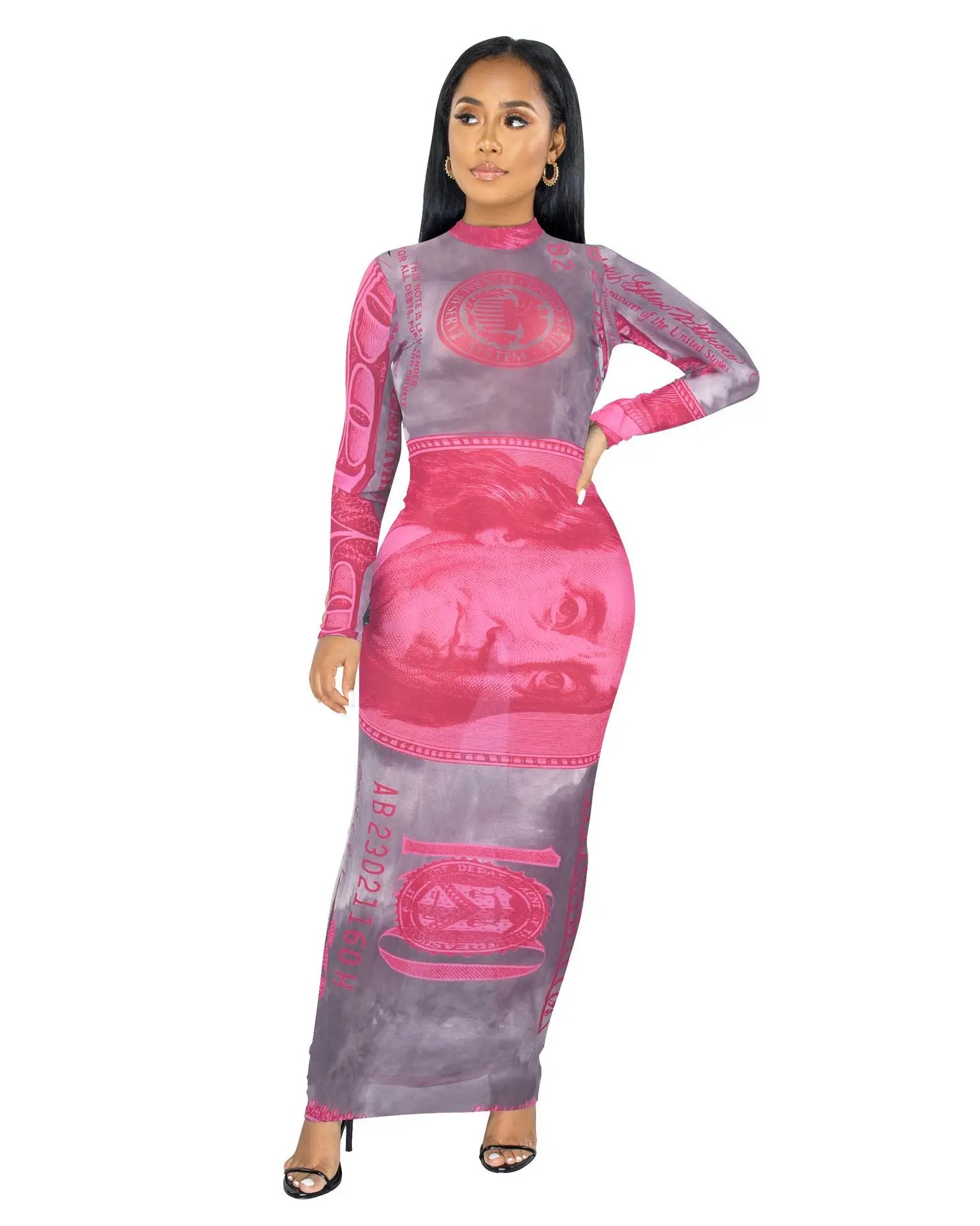 Kingyoung Club High Mock Neck Full Print Mesh Long Sleeve Skinny Maxi Dress Hot Sale Digital Printing Back Logo Sweet Natural