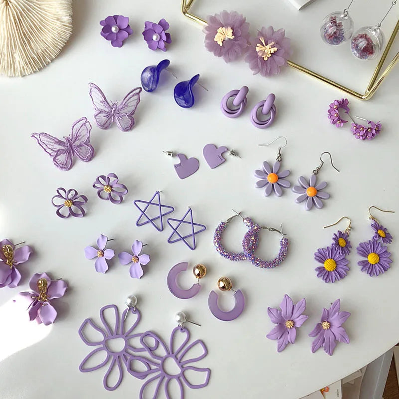 Romantic Purple Girls Stud Accessories Multilayer C Shape Hook Earrings Love Heart Flower Stud Earrings for Girlfriend Gifts