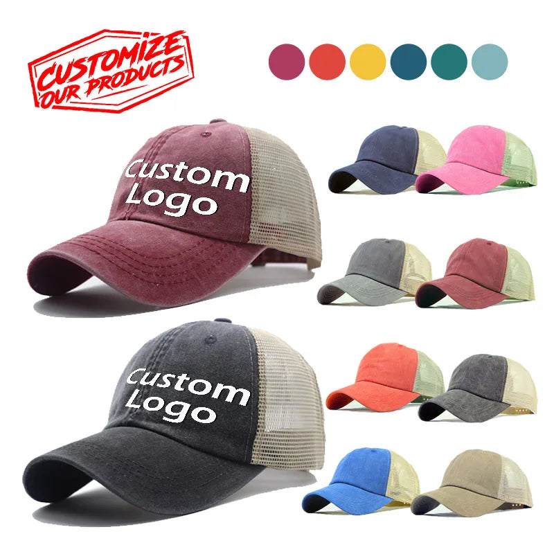 Washed Cotton Vintage Unisex Denim Custom Logo Print Embroidery Fitted Unstructured Sports Baseball Dad Hat Trucker Hats
