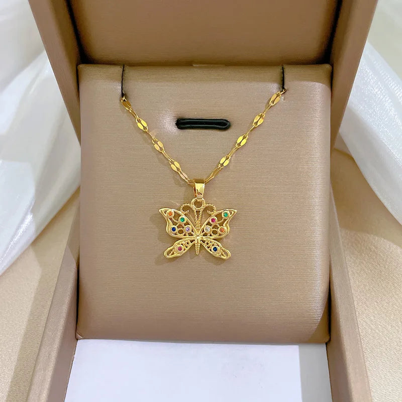 Brilliant Sparkling Rainbow Cubic Zircon Butterfly Necklace Adjustable Stainless Steel Lip Chain CZ Butterfly Pendant Necklace