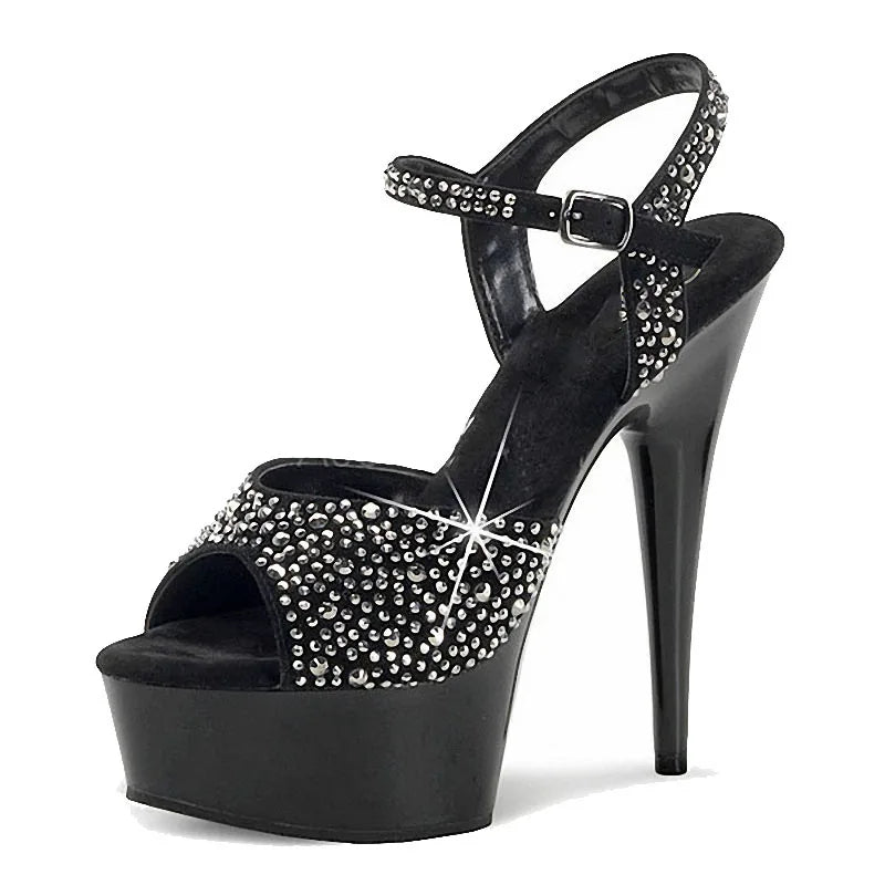 6 Inch Thin Heel Thick Soled Platform Pole Dance High Heels Banquet Party Fashion Leaky Toe Black Buckle Sandals
