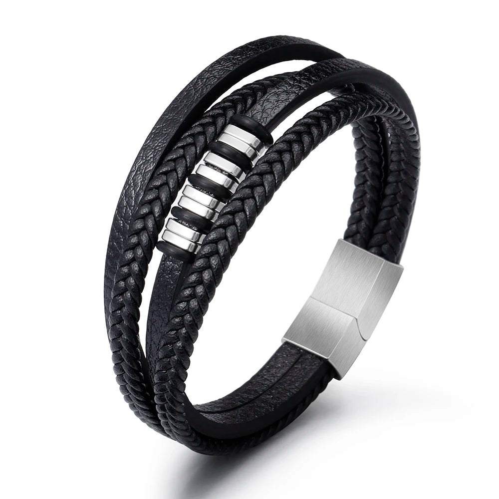 Hot selling European and American stainless steel leather multi-layer men's leather bracelets with buckle
